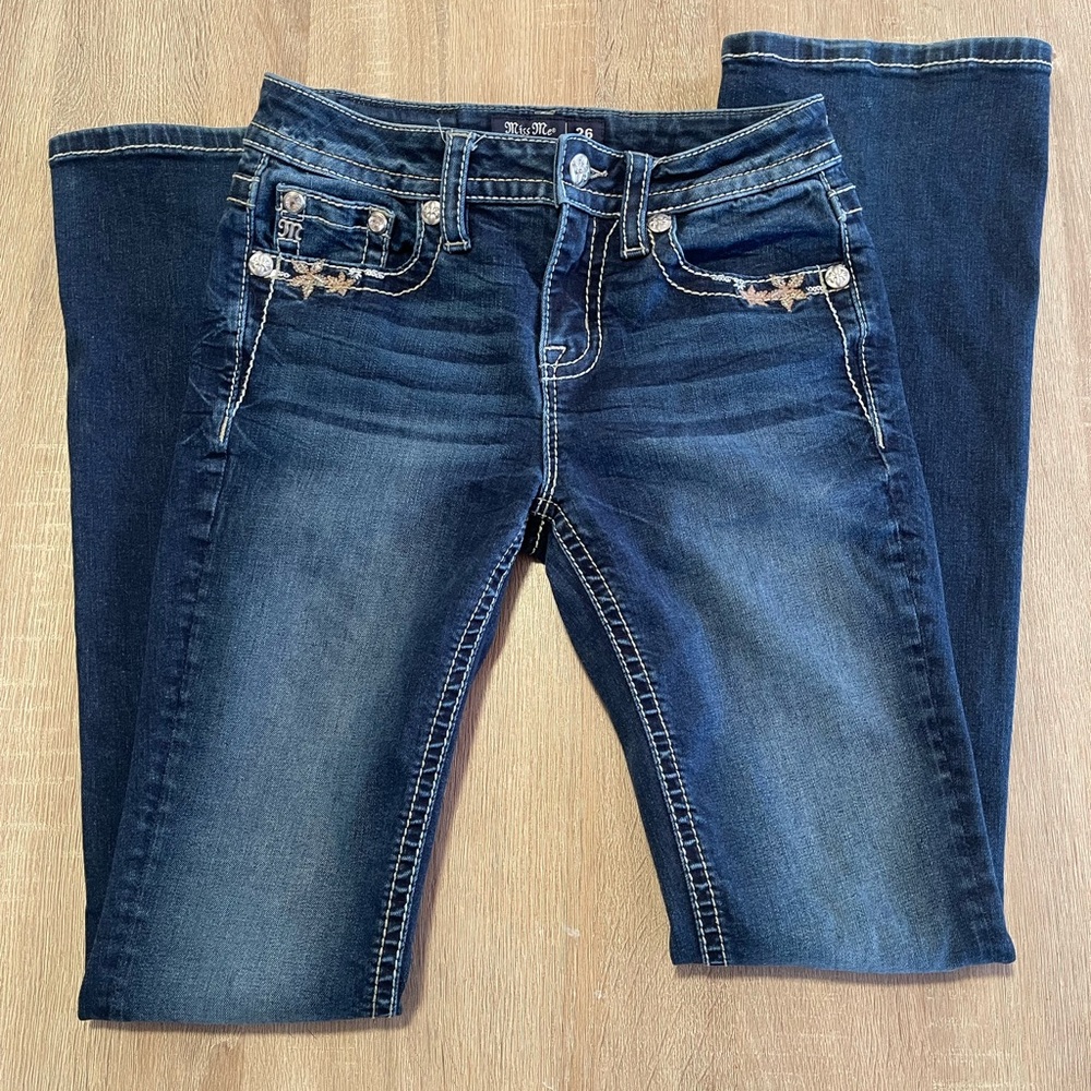 Miss Me Dark Blue Boot Cut Jeans with Embellished Pockets